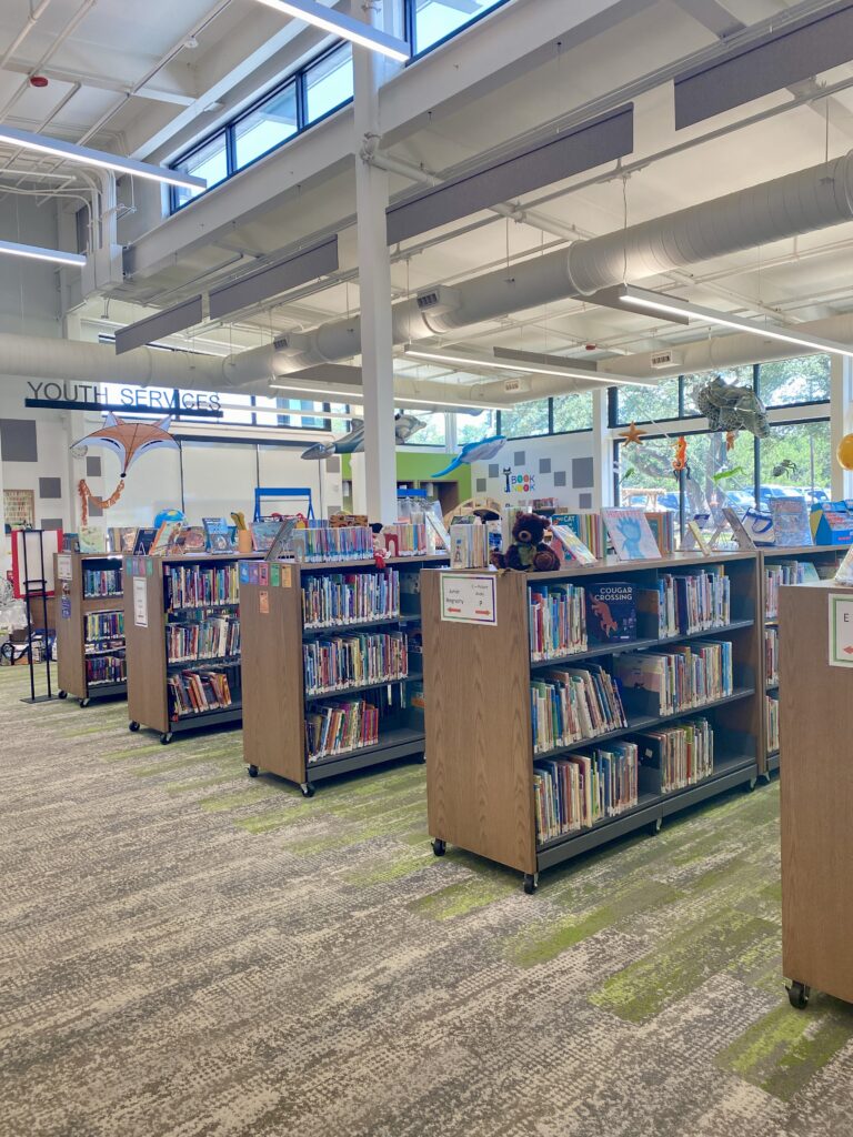 Bookshelves in the youth reading section at the Wimberley Village Library