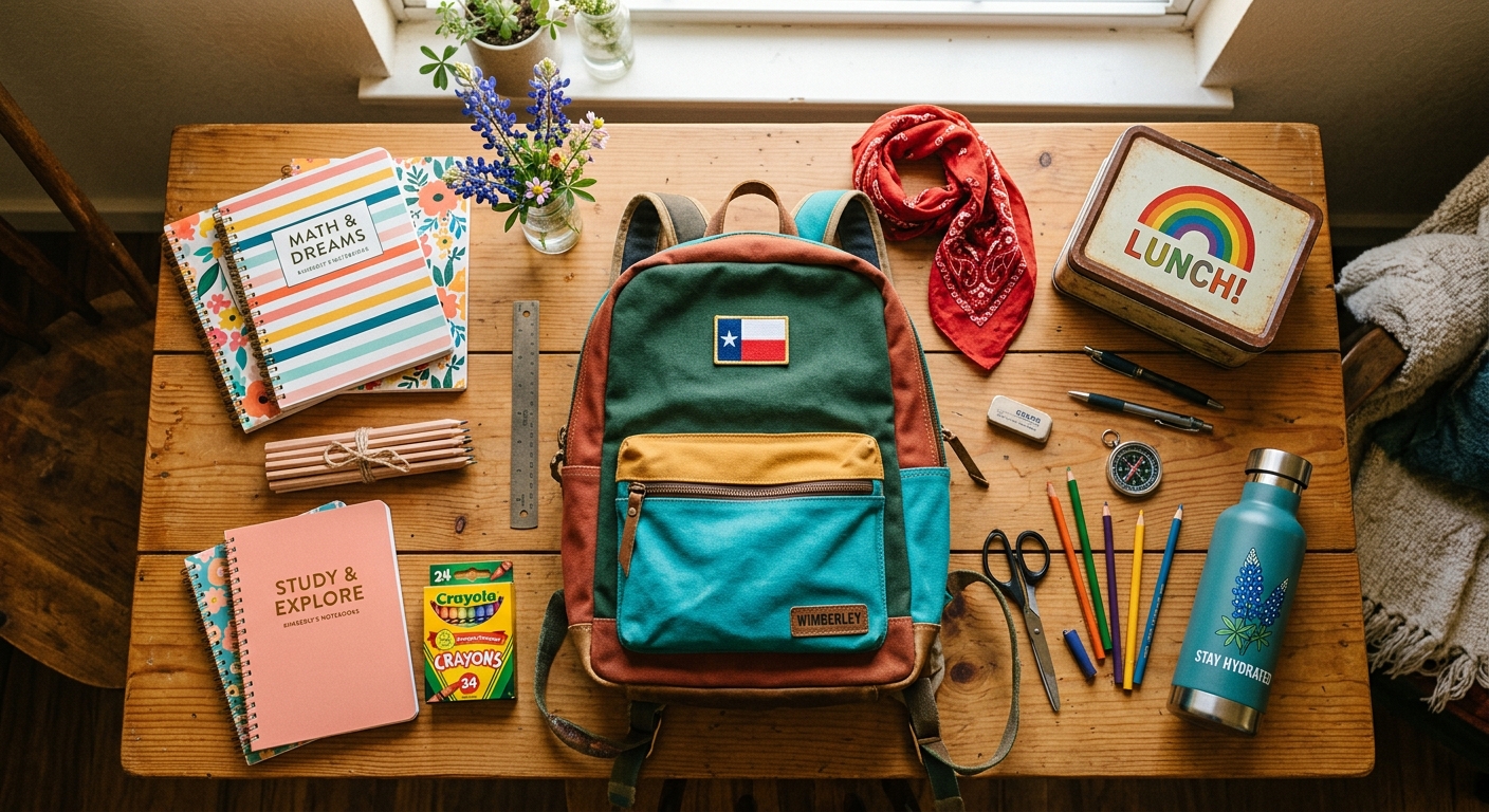 a vibrant, editorial style flat lay photograph of back to school essentials