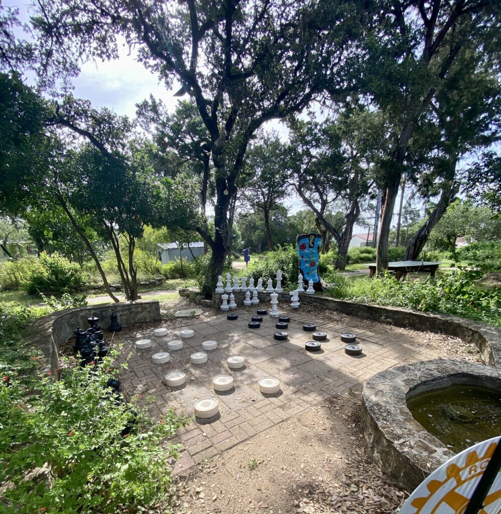 Giant Chess and Checkers board at Emily Ann Theatre and Gardens Wimberley TX