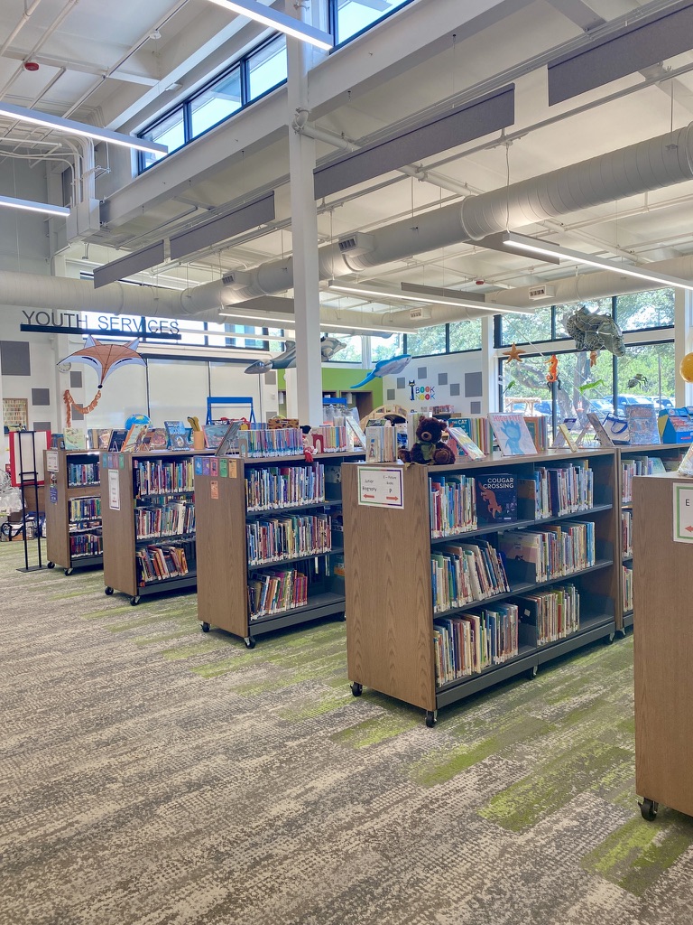 Youth Services section of the Wimberley Vllage public library with rows of book shelves filled with children's books and colorful decorations